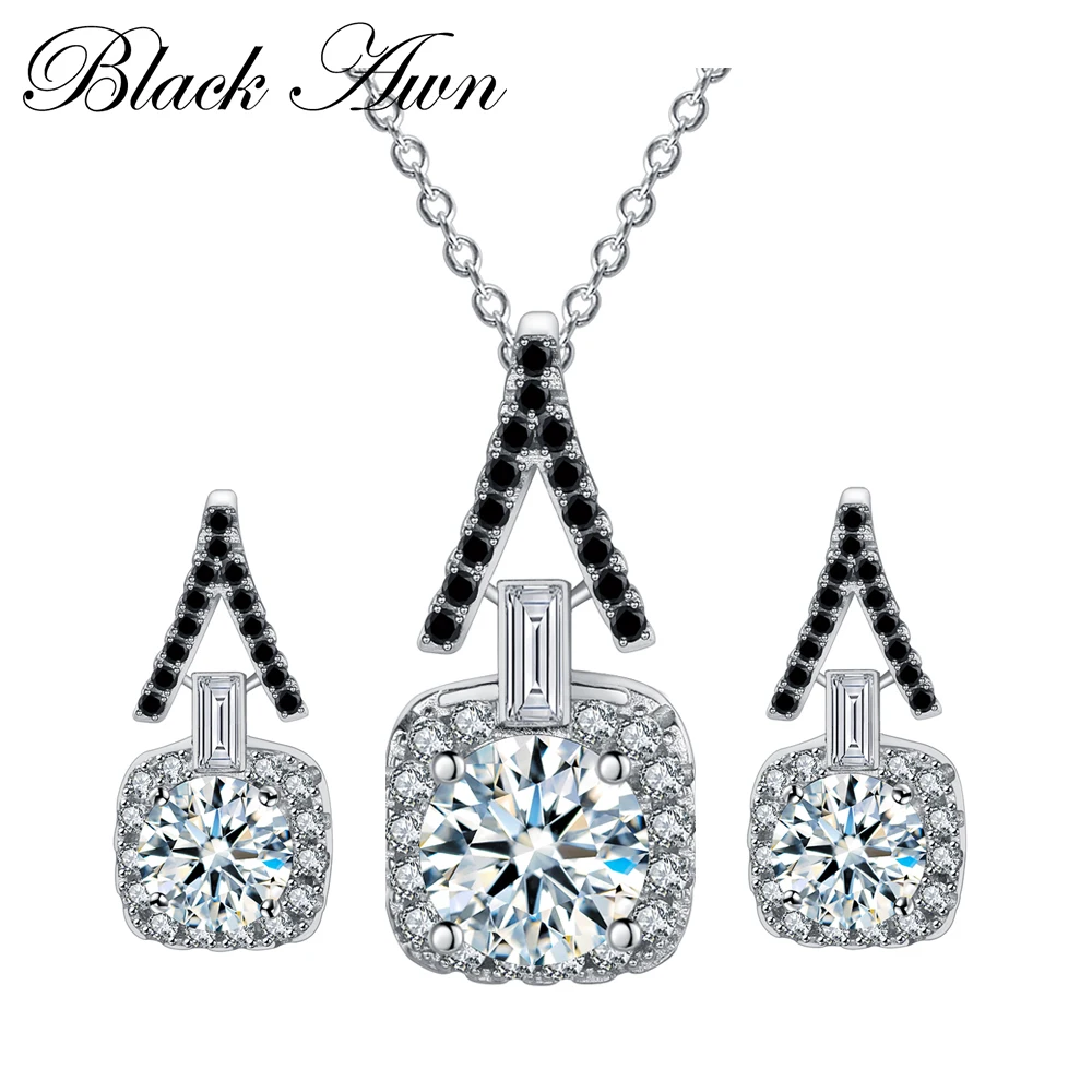 

[BLACK AWN] 925 Sterling Silver Fine Jewelry Sets Trendy Engagement Wedding Necklace+Earring for Women PT150