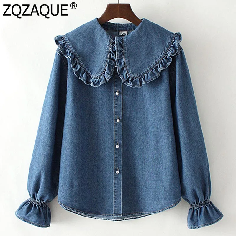 

Autumn Women's Long Sleeve Denim Shirt Girls Pearl Button Peterpan Collar Tops Ruffles Bottom Denim Blouse Casual Blue Shirts