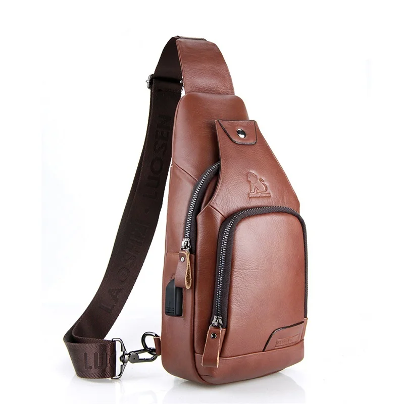 

New Design Genuine Leather Men Bag Shoulder Bags USB Charging Crossbody Bags Casual Travel Chest Bag Sling Chest Pack