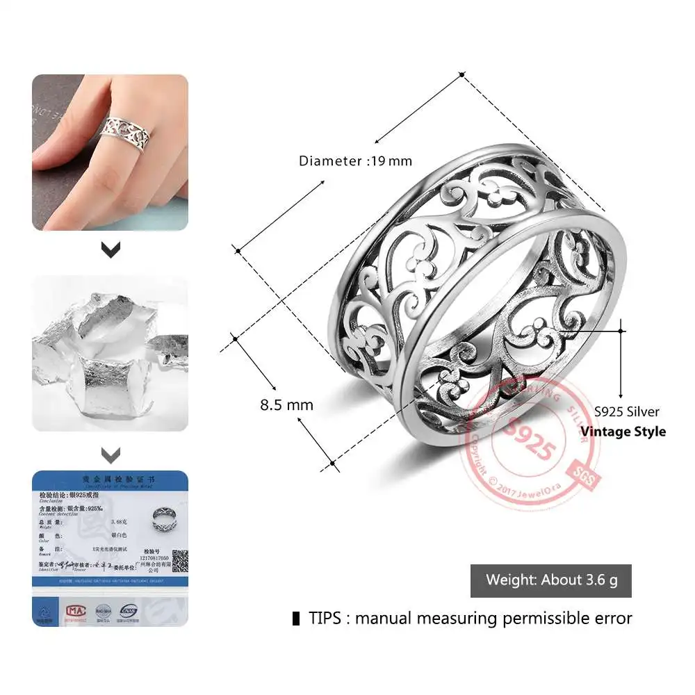 Solid 925 Sterling Silver Female Rings Vine Wave Pattern Vintage Style Rings High Quality Jewelry Sister Gift(JewelOra RI102786)