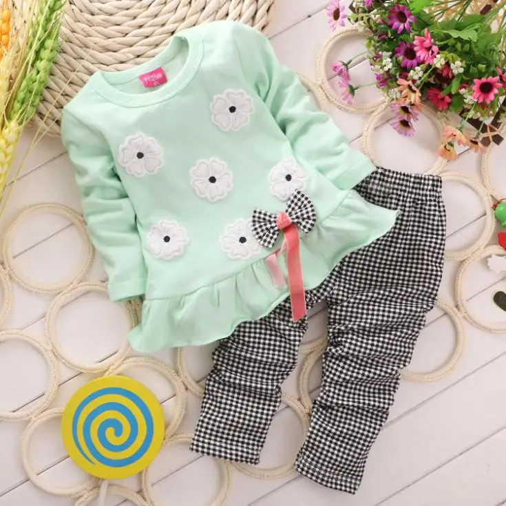 

2019 spring new Korean girls flower bow plaid long sleeve two-piece suit 2-4 years old female baby suit