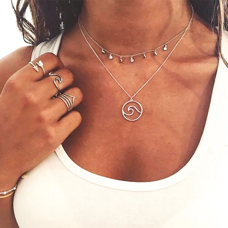 

Bohemian Wave/Earth Pendant Chokers Necklaces Silver Sequins Multi Layer Necklace for Women Beach Jewelry Accessories