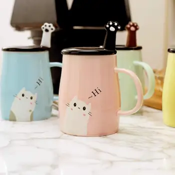 

New pink cat heat-resistant cup color cartoon with Spoon kitten milk coffee ceramic mug children cup office gifts