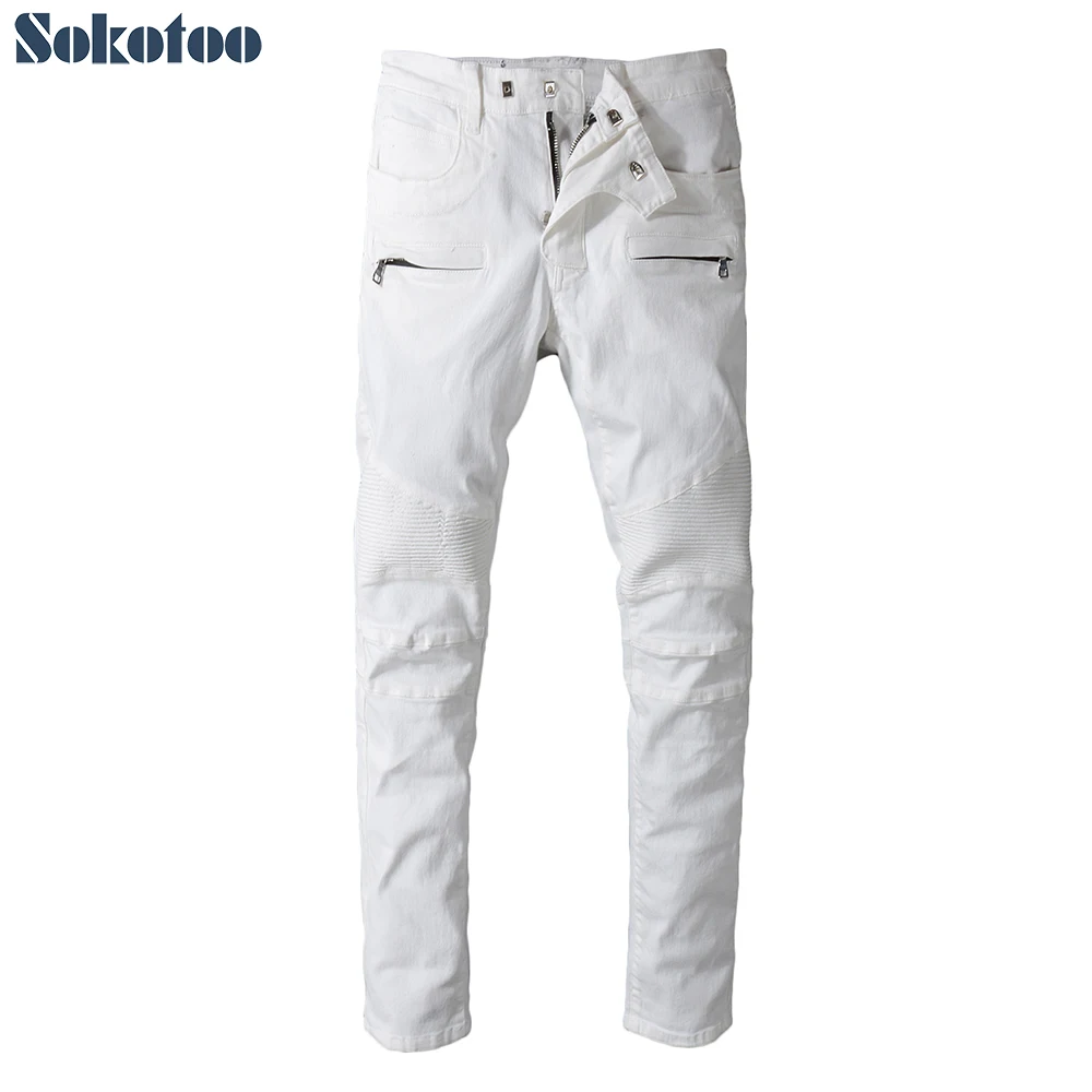 

Sokotoo Men's slim fit white biker jeans for moto Casual plus size patchwork denim pants