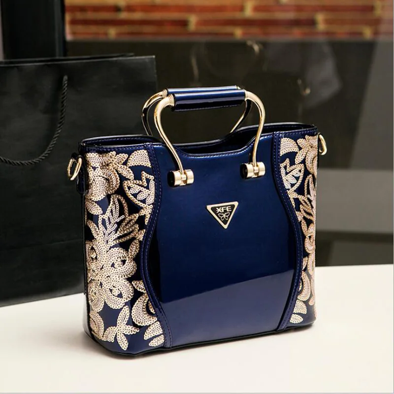 

2018 New Fashion Women;e Handbag Cow Leather Brand Designer Large Capacity Embroidery Sequined Chains Patent Shoulder Tote Bag