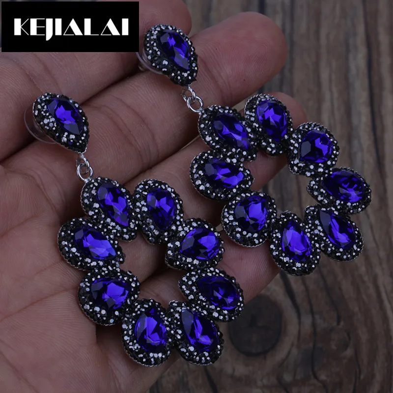 

KEJIALAI Fashion Women Big Dangling Earrings Nature Stone Paved with Rhinestone Water-drop Shape Stone Circle Flower Best Gift