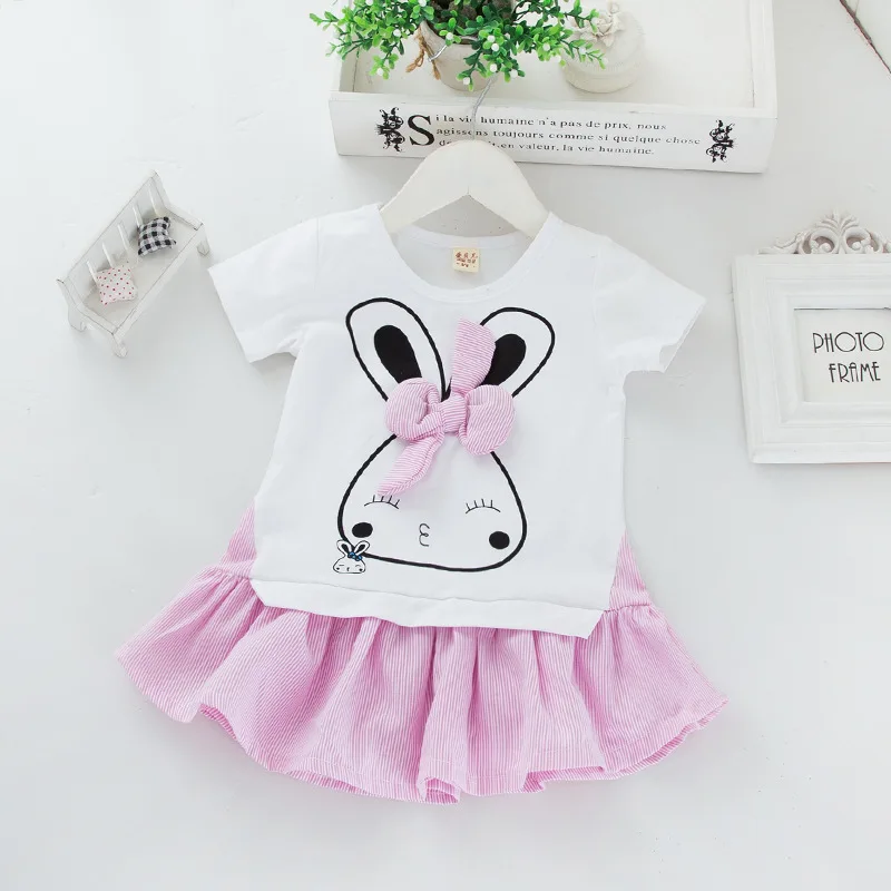 

Casual New Spring summer baby girls bow dress infant Short sleeve Children sweet Cartoon rabbit ears princess Dress