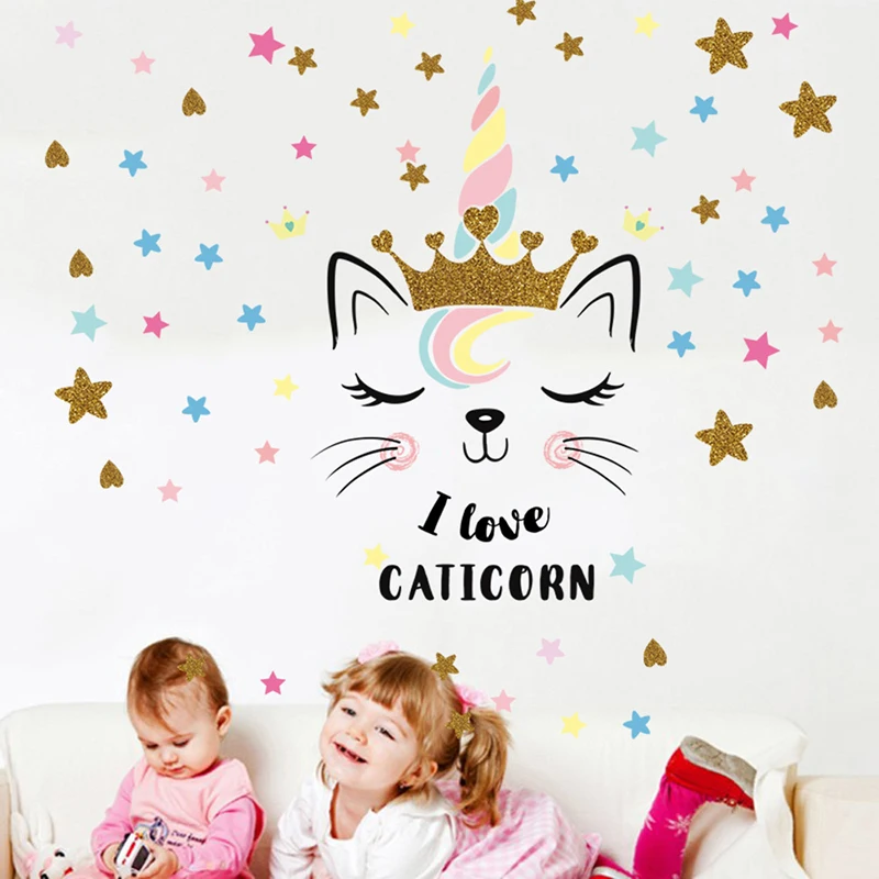 

Cartoon Cat Unicorn Animals Wall Stickers for Kids room I Love Caticorn Star Vinyl Wall Decals Art Murals Home Decor