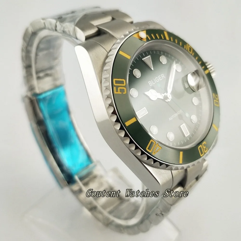 40mm Bliger SS. Case Green Dial Luminous Automatic Movement Bracelet Men's Watch