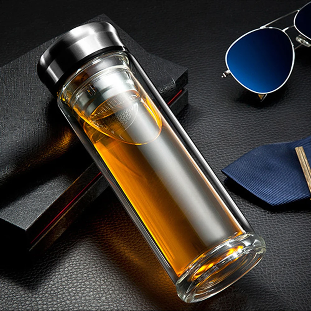 Leak-Proof Double Glass Water Bottle 320ml Drinking Teapot Travel Tour Circular Transparent Bottles With Tea strainer | Дом и сад