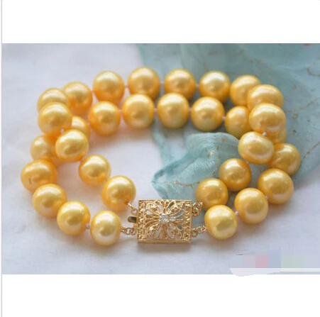 

P4040 A++ 2row 8" 12mm ROUND GOLDEN FRESHWATER PEARL BRACELET Noble style Natural Fine jewe Fast SHIPPING