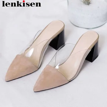 

Lenkisen full grain leather high heels slip on mules pointed toe transparent pvc material slingback party gathering pumps L17