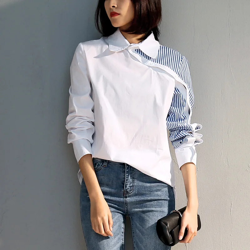  2019 spring new design irregular women blouse and shirts patchwork striped office lady casual slim 