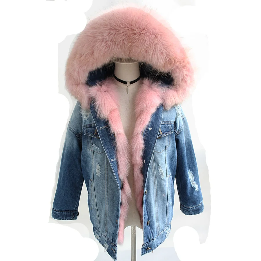 

2018 new fashion denim parka thick winter warm coats with real fox fur lining and natural raccoon fur hoody trim jackets outwear