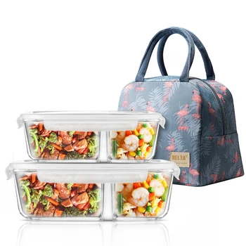 

Microwavable Glass Lunch Box with Divider,Lid,Bag; Meal Prep Glass Food Storage Containers with 2 Compartments; Lunch Container