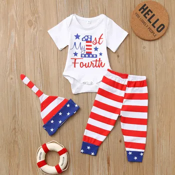 

3Pcs Baby Infant Girls Boys Letter 4th Of July Romper Pants Hat Outfits Set Roupas Infantil Menino Baby Boy Summer Clothes