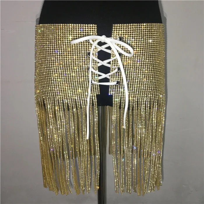Сексуальные женские серебряные блестки кисточкой юбки дамы блестящие бриллиантовые Стразы Высокая цепочка для тела на талию ночной клуб мини-юбка - Цвет: Золотой
