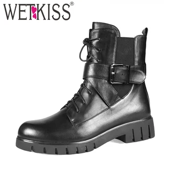 

WETKISS Motorcycle Woman Ankle Boots Round Toe Footwear Casual Wool Warm Female Boot Platform Leather Shoes Woman Winter 2018