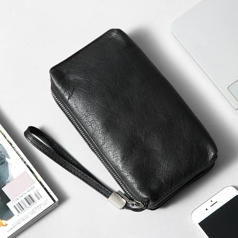 

Handmade Hand Clutch Wallet For Men Purses Cow Retro Genuine Leather Male Clutch Handbag Big Capacity Mobile Phone Bag Black
