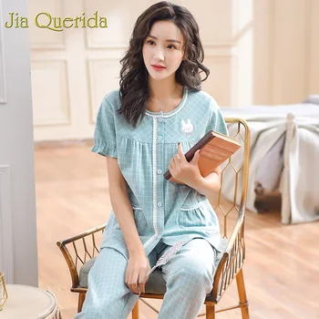 

J&Q Home Wear Women 2019 Spring New 100% Cotton Plaid Pyjamas Women Cotton Pajamas Plus Size High Quality Pjs Homewear Women Set