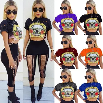 

summer Guns And Rose Band Printing Navel Short Fund T shirt for women Round Neck Short Sleeve tshirt Ma'am Trend Leisure tops