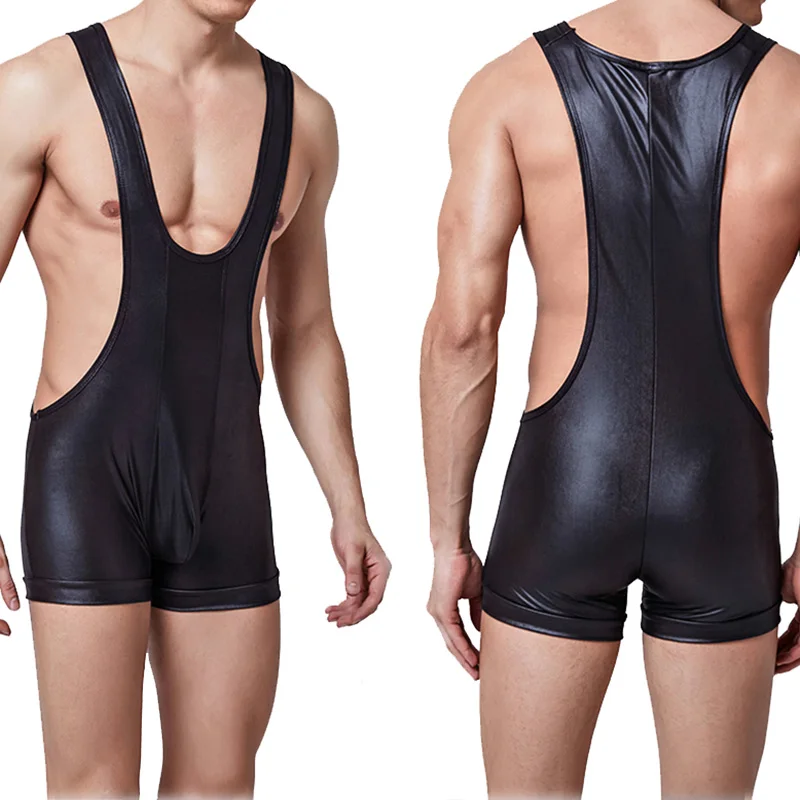 

Sexy Men Faux Latex Bodysuit Exotic Fetish Bondage Restraint Lingerie Black Fantasy Gay Jumpsuit Sexy Clubwear Underwear Trunks
