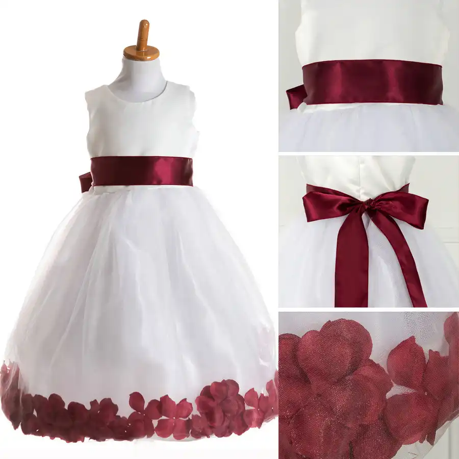 white and maroon flower girl dresses