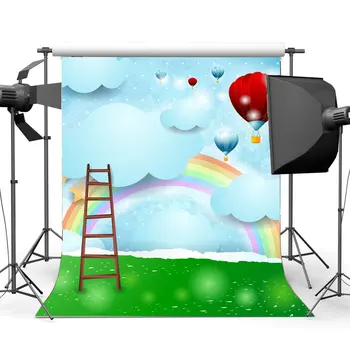 

Sweet Baby Shower Backdrop Cartoon Backdrops Hot Air Balloon Rainbow White Cloud Wood Ladder Grass Meadow Background