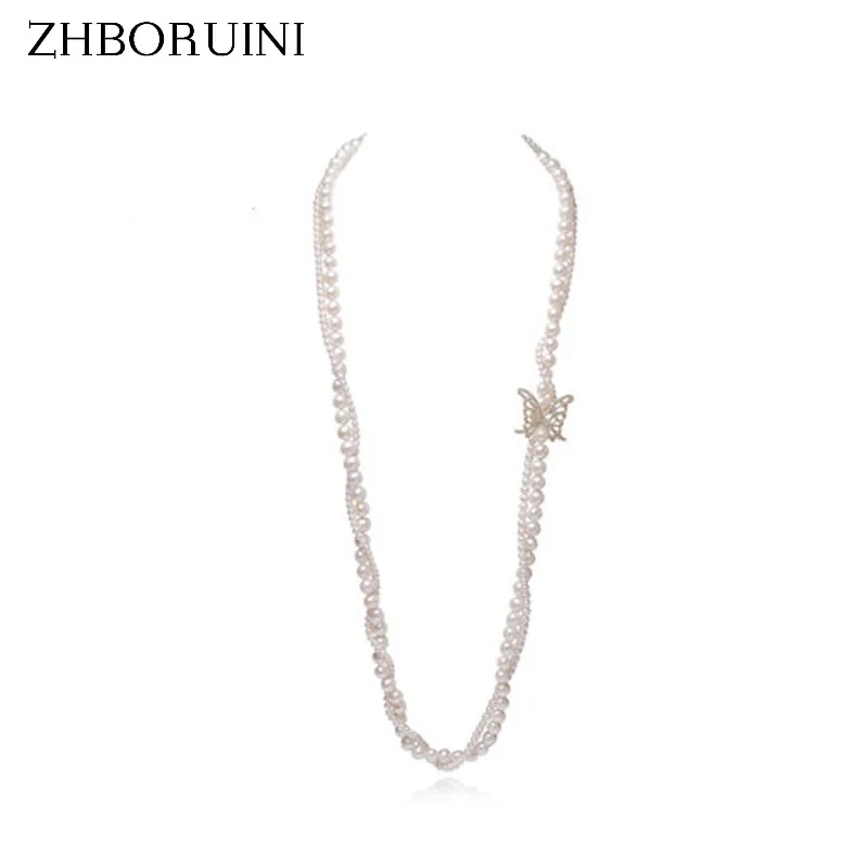 ZHBORUINI Fashion Long Pearl Necklace Natural Freshwater Pearl Butterfly Layer Pearl Necklace Sweater chain Jewelry For Women ZHBORUINI Fashion Long Pearl Necklace Natural Freshwater Pearl Butterfly Layer Pearl Necklace Sweater chain Jewelry For Women