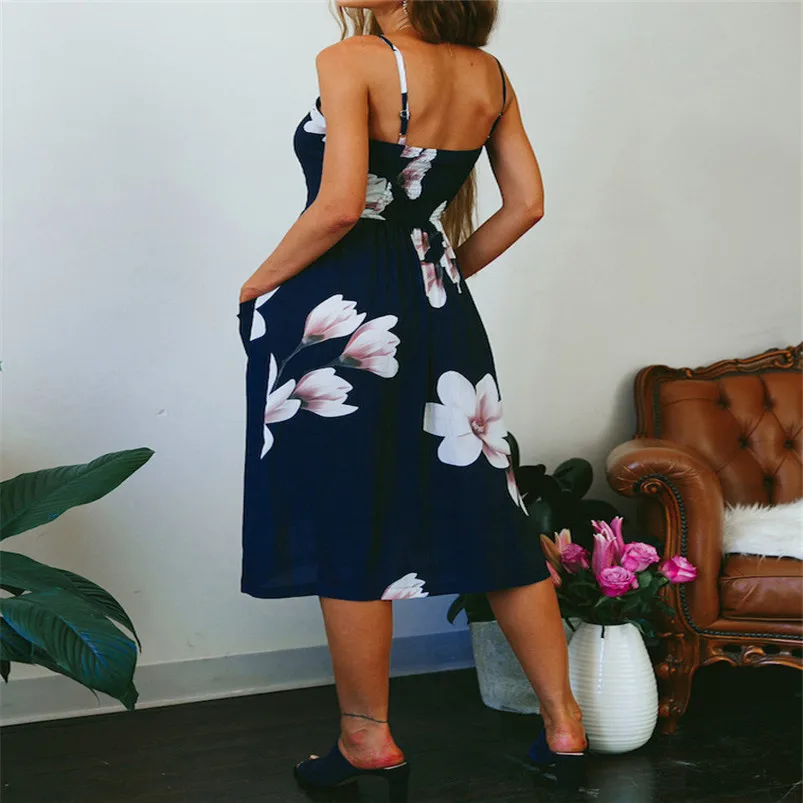 Fashion summer dress 2018 beach dress Women Sexy Printing Buttons Off Shoulder Sleeveless Dress Princess Dress vestido J08#N (1)
