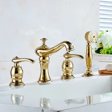 New Brass Deck Mounted 4 PCS Bathroom Bathtub Faucet Mixer Taps Cold Hot Water tap With Handheld Shower Head Chrome Gold 2310372 rolya cubix floor standing bathtub shower mixer faucet taps freestanding brass chrome finish handheld wand with bathtub filler