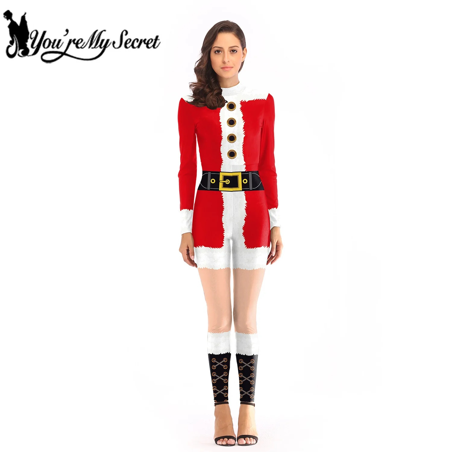 

[You're My Secret] 2019 Winter Christmas Women's Holiday Santa Claus Jumpsuit Red Party Digital Print Costume for Adult Bodysuit