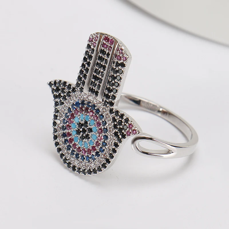 

Lucky Eye Colorful Hamsa Hand Rings Women Silver-color Crystal Rings Zircon CZ Band Engagement Ring Evil Eye Jewelry Adjustable