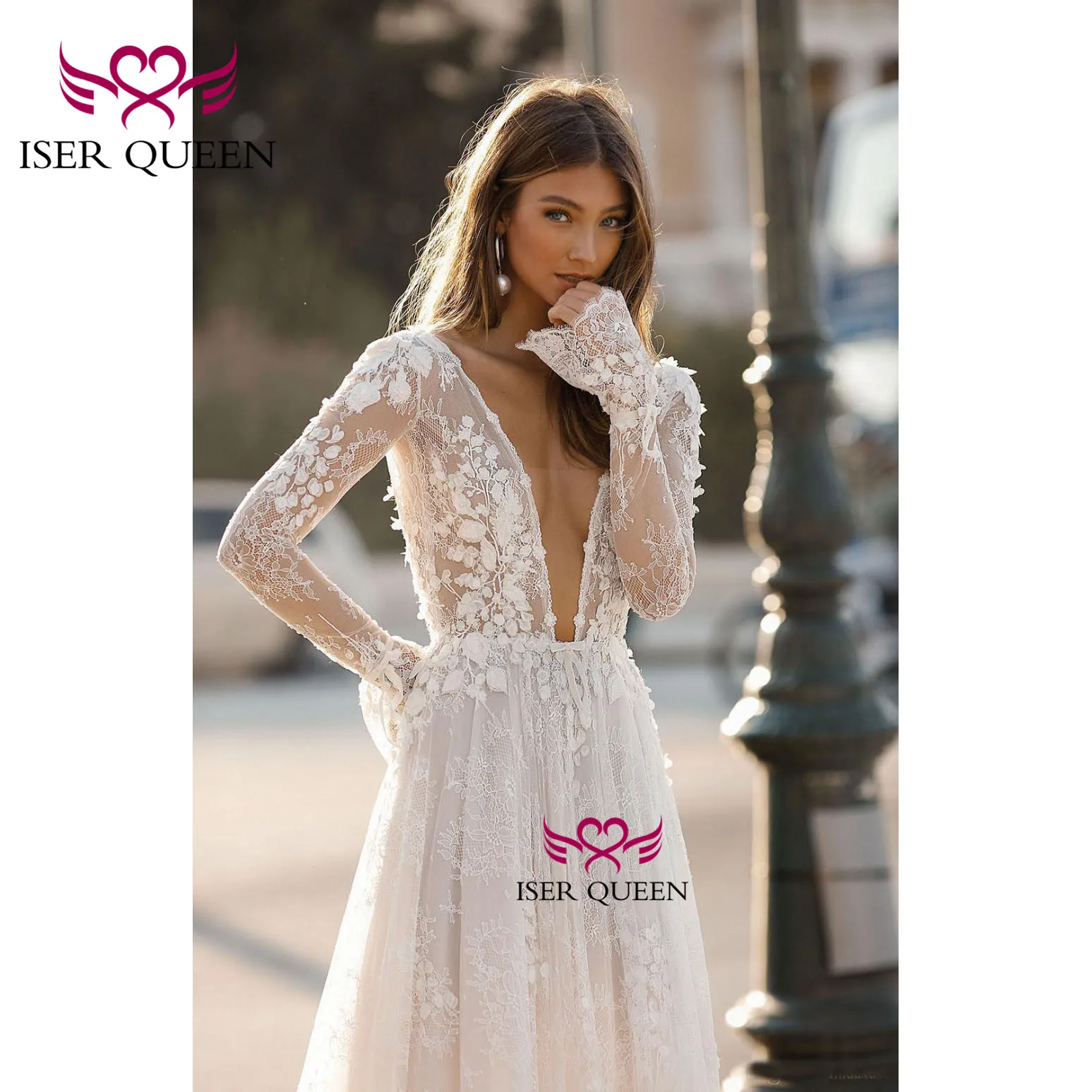 

Vintage Sexy Deep V-neck Long sleeves Embroidery and Appliques Wedding Dress Vestido De Noiva 2019 Beach wedding dresses w0570