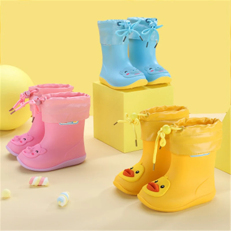

New Arrival Spring Autumn Children Rainboots Round Toe Slip-On Ankle Cartoon Leather boots Comfortable Non-slip Snow boots 02B