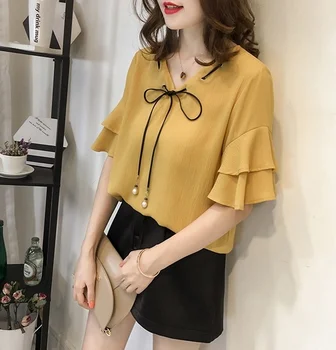 

4xl plus big size blusas feminina 2018 korean spring summer style women white yellow chiffon cute sweet shirts female A4615