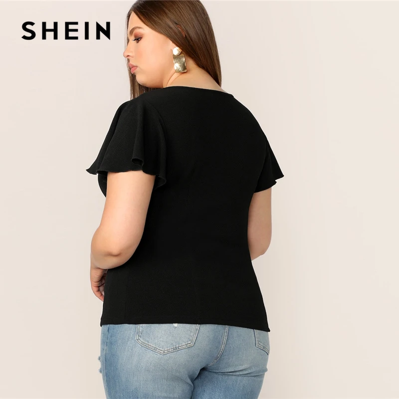 SHEIN زائد حجم أسود رفرفة كم مربع الرقبة عادي أعلى إمرأة T قميص 2019 بسط الربيع انتفض كم أعلى المحملات SHEIN زائد حجم أسود رفرفة كم مربع الرقبة عادي أعلى إمرأة T قميص 2019 بسط الربيع انتفض كم أعلى المحملات