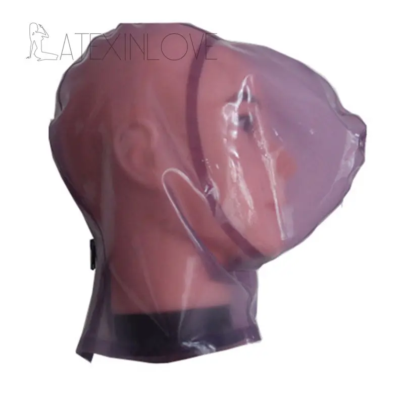 Прозрачная фиолетовая латексная маска ручной работы с отверстием для контроля дыхания, сексуальный резиновый капюшон, высококачественный натуральный латекс