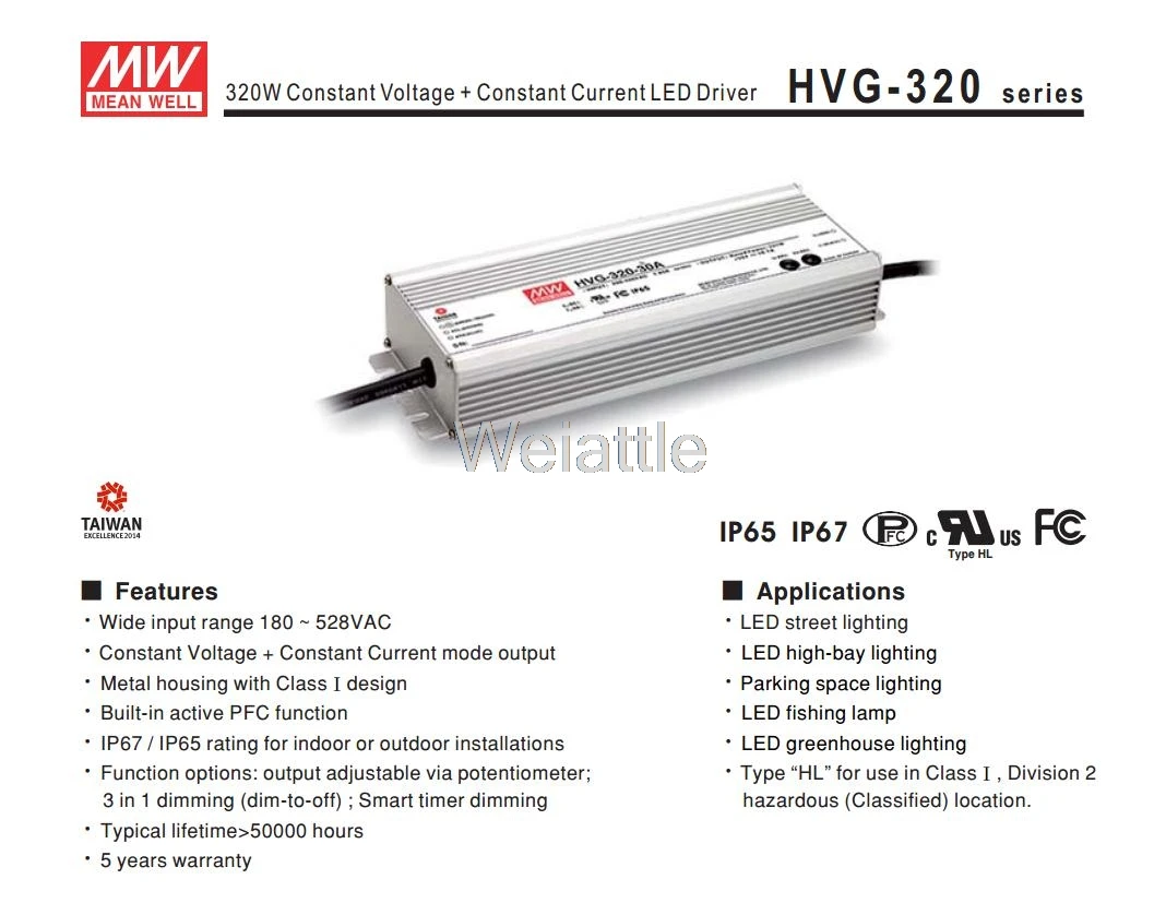 

MEAN WELL original HVG-320-48A 48V 6.7A meanwell HVG-320 48V 321.6W Single Output LED Driver Power Supply A type