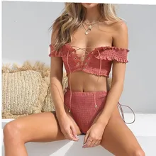 Кружевной Бандаж с открытыми плечами, женский купальник с открытыми плечами, комплект бикини, пуш-ап бюстгальтер с подкладкой, высокая талия, купальник, треугольный купальник