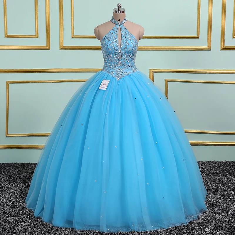 

Light Blue Halter backless Quinceanera Dresses Sweet 16 Ball Gowns Beaded Crystal Sleeveless Vestidos De 15 Anos Debutante Gown
