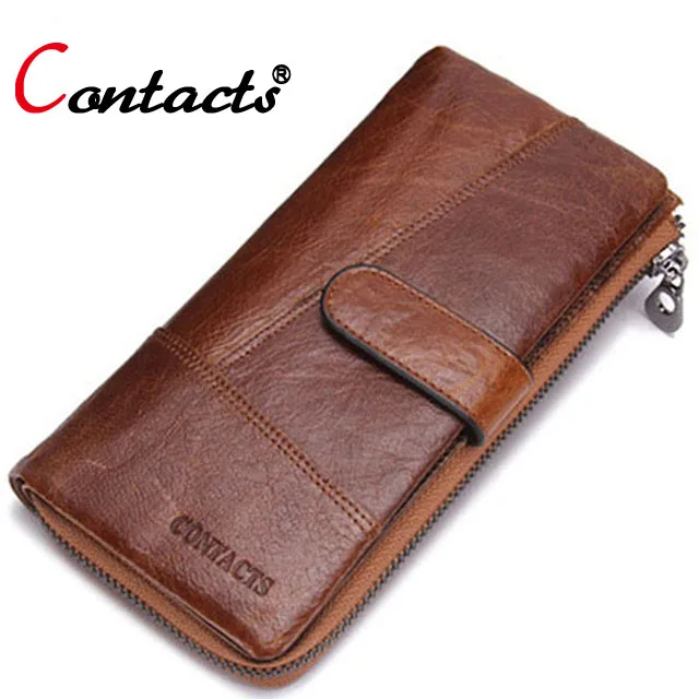 

CONTACT'S Men Wallet Vintage Long genuine leather Clutch Zipper Card Holder Multifunction Purses For Cents Brand money bag