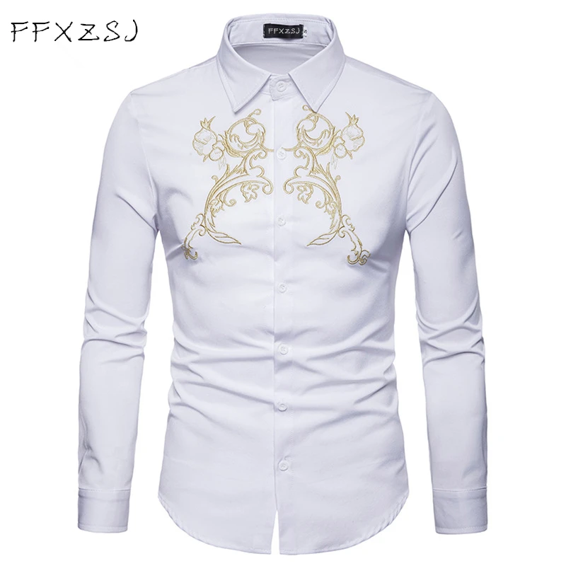 FFXZSJ brand Spring Royal Court Style Solid  Floral  Embroidered  Solid Dress Lapel shirt Slim Fit Casual Long Sleeve men Shirt 