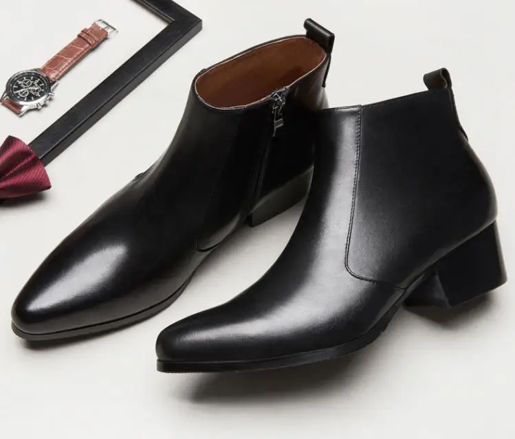 Autumn winter mens pointed toe genuine leather ankle boots men high heels quality wedding dress shoes career work boots botas 44