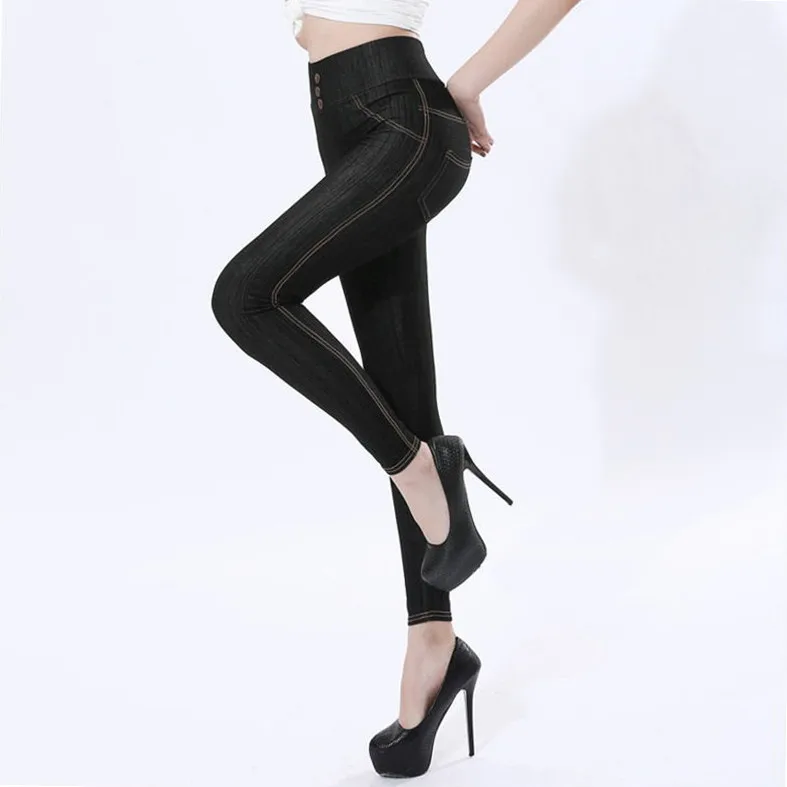 Женские джинсы с имитацией хлопка, леггинсы с высокой талией и пуговицами, черные, синие, сексуальные, большие размеры, 5XL, имитация джинсовой ткани, эластичные штаны