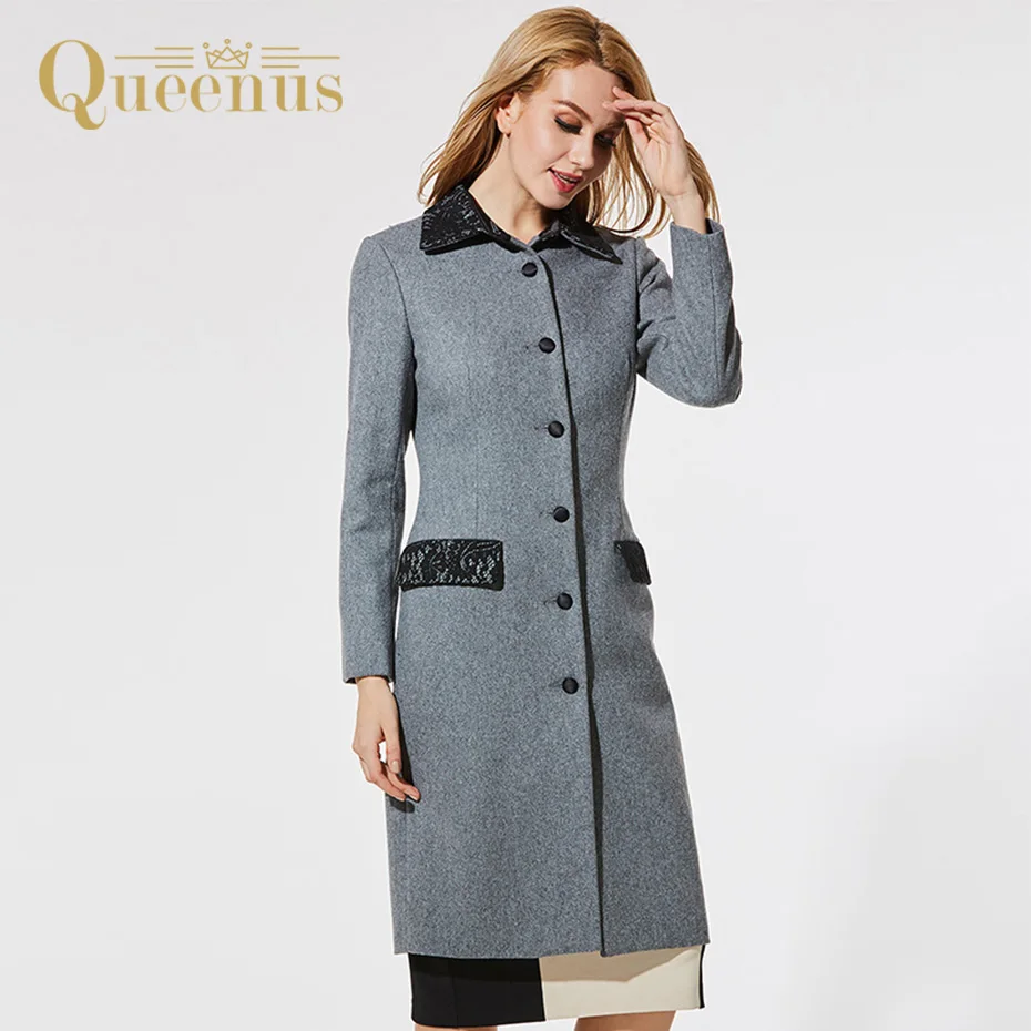 Queenus Autumn Winter Women Overcoat Turn down Collar Single Breasted
