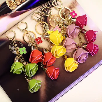 

10pcs Party favor 2017 New fashion Key Chain Accessories Flower Key Ring PU Leather Bear Pattern Car Keychain Jewelry Bag Charm