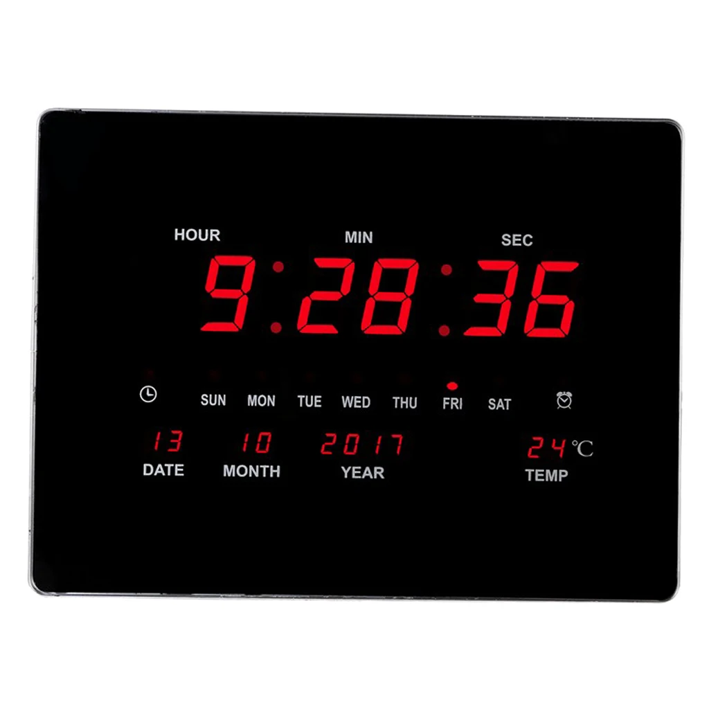 Home Office LED Clock With Indoor Temperature Reader Date Calendar Day Kitchen Livingroom Wall Mounted Large Screen Wall Clock