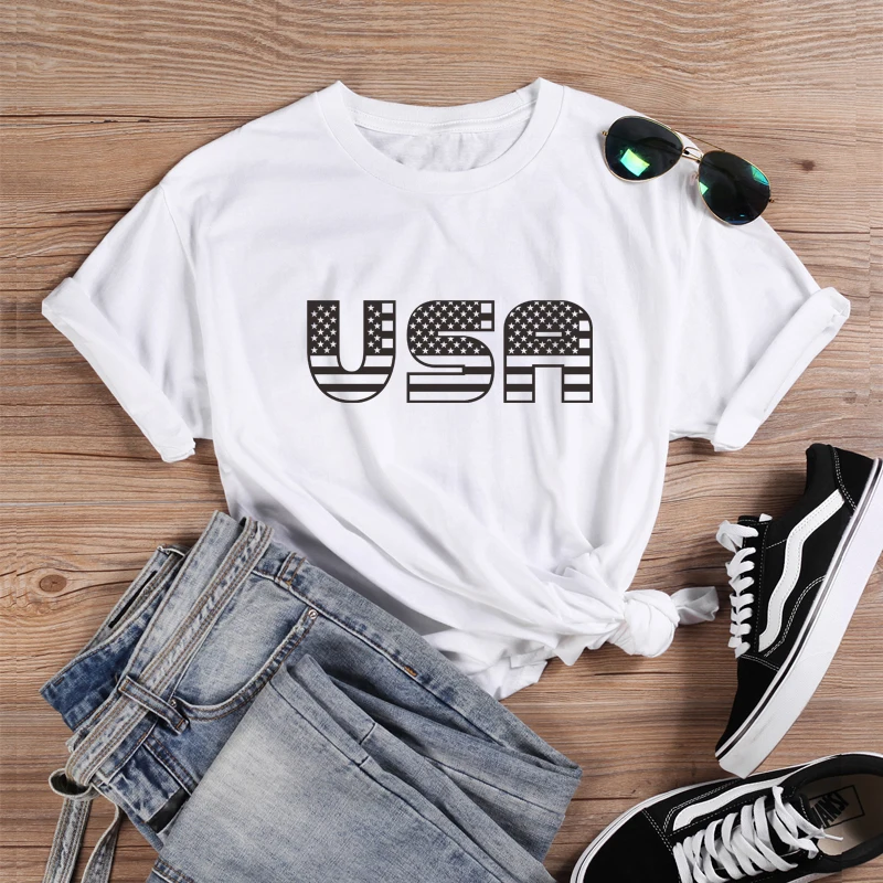 

ONSEME USA Flag Pattern Print T Shirts Female Casual Loose Tees Classic Cotton T Shirt Women Streetwear Basic Tshirt