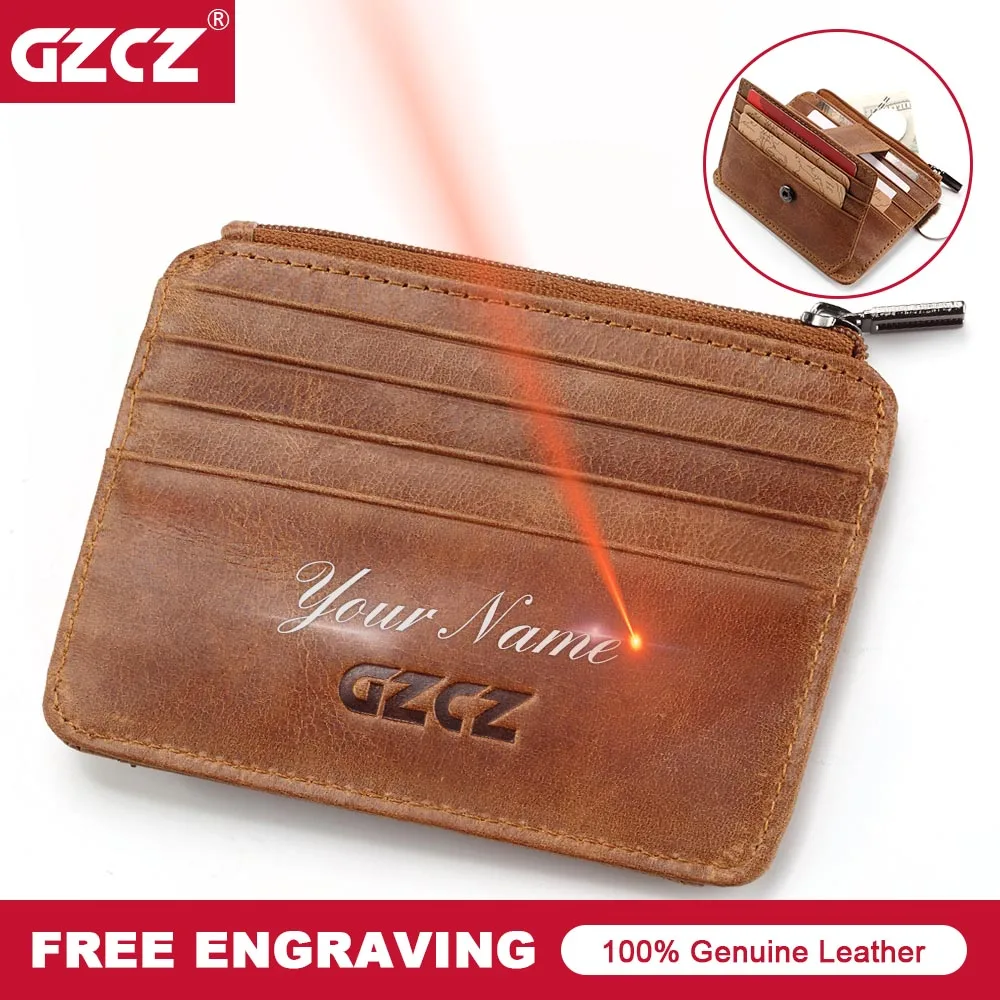 GZCZ Credit Card Holder Cover Genuine Leather Business Zipper Mini Wallet Band Design Business Card Purses Case Hasp Coin Pocket